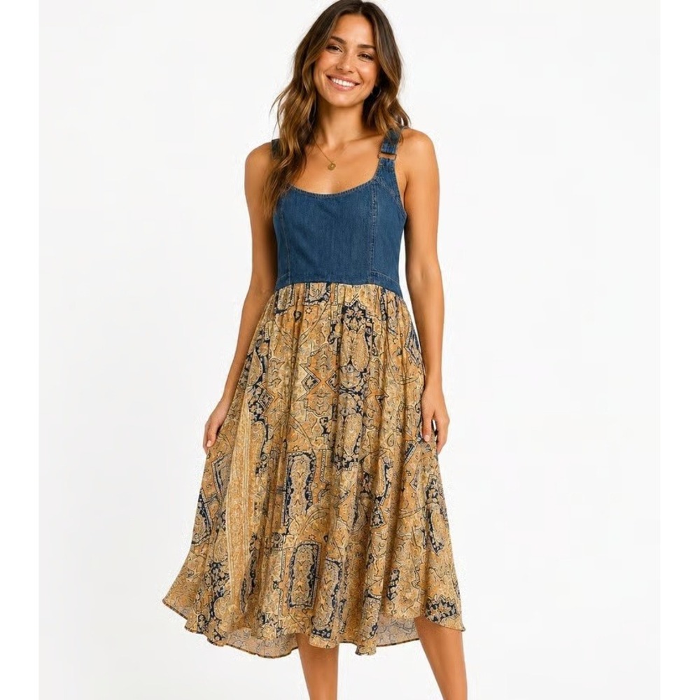 Free People $168 This Is The One Sundress Denim Boho Paisley Print Midi Dress XS